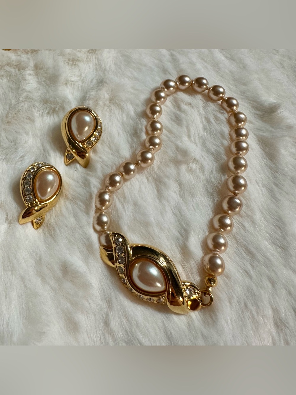 Vintage Nolan Miller Gold Faux Pearl Statement Bracelet and Earrings Set